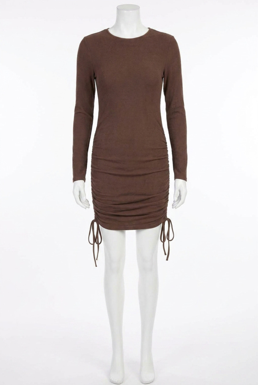 NEW SHE + SKY brushed stretch knit dress with ruched side detail in mocha